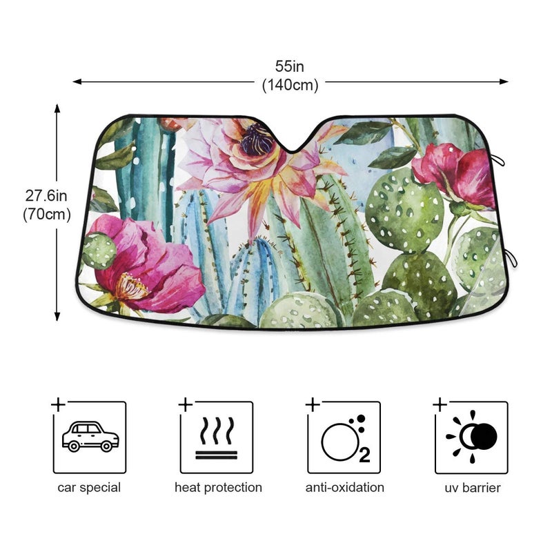 YYZZH Cactus Floral Car Windshield Sun Shade Block UV Rays Sun Visor Protector Accordion Folding Sunshade Keep Vehicle Cool and Damage Free, Easy to Use, Fits Windshields of Various Sizes - Image 4